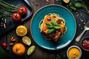 cibo su un' piatto con spezie e verdure. ai-generato foto