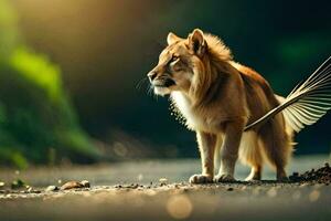 un' Leone in piedi su il strada con suo coda fuori. ai-generato foto