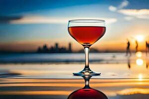 un' bicchiere di rosso vino su il spiaggia a tramonto. ai-generato foto