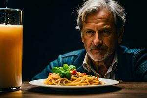 un più vecchio uomo seduta a un' tavolo con un' piatto di spaghetti. ai-generato foto