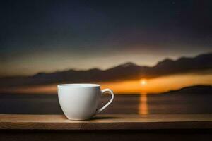 un' caffè tazza si siede su un' di legno tavolo prospiciente il oceano a tramonto. ai-generato foto