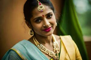 un' donna nel tradizionale indiano abbigliamento pose per un' ritratto. ai-generato foto