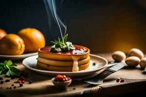 Pancakes con salsa e verdure su un' piatto. ai-generato foto