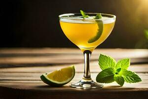 un' cocktail con lime e menta su un' di legno tavolo. ai-generato foto