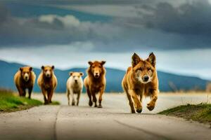 un' gruppo di cani in esecuzione giù un' strada. ai-generato foto