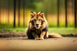 un' Leone seduta su il terra nel il mezzo di un' foresta. ai-generato foto