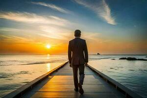 un' uomo nel un' completo da uomo passeggiate su un' molo a tramonto. ai-generato foto