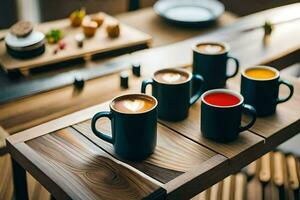 caffè tazze su un' di legno tavolo. ai-generato foto