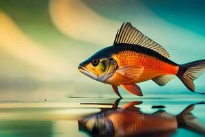 un' pesce è in piedi su il acqua con un' riflessione. ai-generato foto