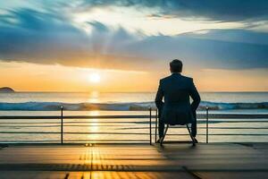 un' uomo nel un' completo da uomo si siede su un' panchina prospiciente il oceano a tramonto. ai-generato foto