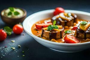 un' ciotola di cibo con carne e verdure. ai-generato foto