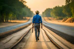 un' uomo a piedi su un' Ferrovia traccia a tramonto. ai-generato foto