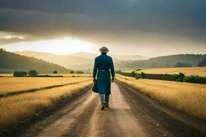 un' uomo nel un' blu completo da uomo passeggiate giù un' sporco strada. ai-generato foto