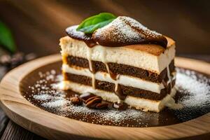 un' pezzo di torta con cioccolato e crema su superiore. ai-generato foto