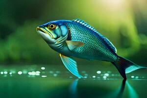 un' pesce è galleggiante nel il acqua con un' verde sfondo. ai-generato foto