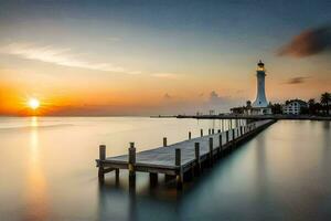 un' faro sta su un' molo a tramonto. ai-generato foto