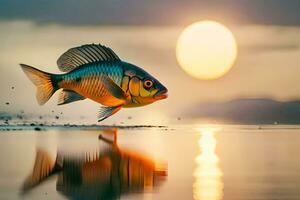 un' pesce è salto su di il acqua a tramonto. ai-generato foto