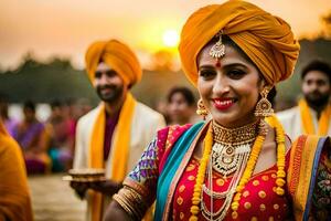 un' sposa nel tradizionale indiano abbigliamento a tramonto. ai-generato foto