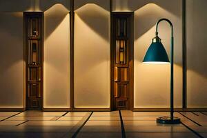 un' lampada nel un' camera con un' di legno pavimento. ai-generato foto