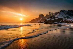 il sole imposta al di sopra di un' nevoso spiaggia e montagne. ai-generato foto