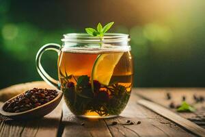 un' bicchiere di tè con un' fetta di Limone e un' cucchiaio di menta. ai-generato foto