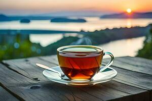 un' tazza di tè su un' di legno tavolo con un' Visualizza di il tramonto. ai-generato foto