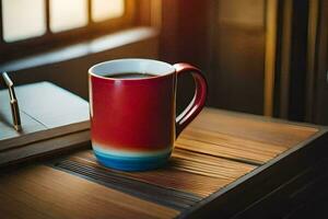 un' rosso caffè boccale su un' scrivania con un' taccuino e penna. ai-generato foto