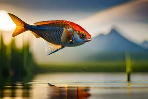 un' pesce è volante al di sopra di un' lago con un' montagna nel il sfondo. ai-generato foto