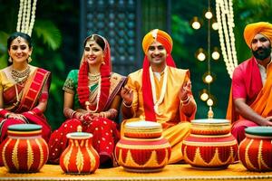indiano nozze cerimonia con famiglia. ai-generato foto