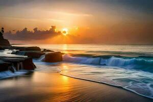 il sole sorge al di sopra di il oceano nel Questo bellissimo foto. ai-generato foto