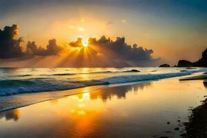 tramonto su il spiaggia, spiaggia, acqua, cielo, HD sfondo. ai-generato foto