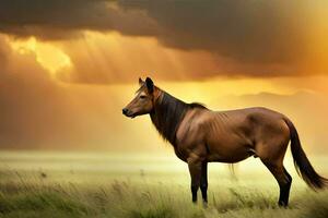 un' cavallo è in piedi nel un' campo con un' tramonto. ai-generato foto