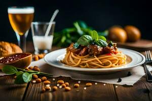 spaghetti con carne e pomodoro salsa su un' piatto. ai-generato foto