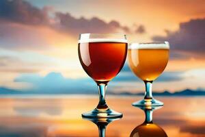 Due bicchieri di birra su un' tavolo con un' tramonto nel il sfondo. ai-generato foto