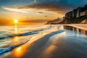 il sole sorge al di sopra di il spiaggia e il città. ai-generato foto