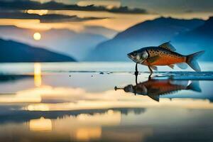 un' pesce è in piedi su il riva di un' lago. ai-generato foto