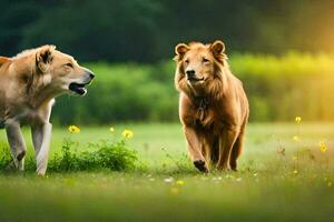 Due leoni siamo a piedi nel il erba. ai-generato foto