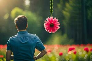 un' uomo in piedi nel un' campo con un' rosa fiore. ai-generato foto