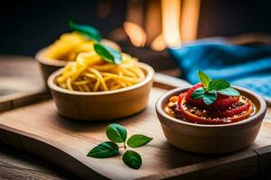 pasta con pomodoro salsa nel un' di legno ciotola. ai-generato foto