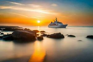 un' crociera nave nel il oceano a tramonto. ai-generato foto