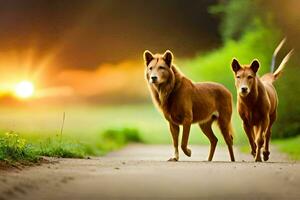 Due cani a piedi giù un' strada a tramonto. ai-generato foto