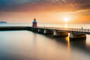 un' faro a tramonto su un' molo. ai-generato foto