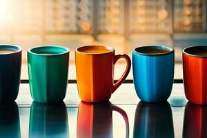 cinque colorato caffè tazze foderato su su un' tavolo. ai-generato foto