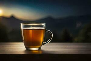 un' tazza di tè su un' tavolo nel davanti di un' montagna. ai-generato foto