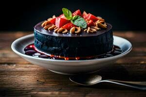 un' cioccolato torta con frutti di bosco e noccioline su un' piatto. ai-generato foto