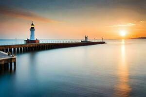 un' faro a tramonto con il sole ambientazione dietro a esso. ai-generato foto