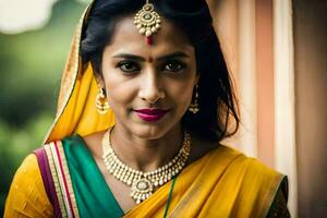 un' bellissimo indiano donna indossare un' giallo sari. ai-generato foto