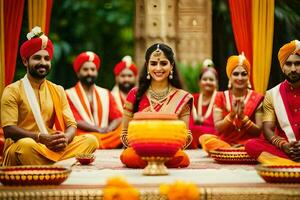 indiano nozze cerimonia con sposa e sposo nel tradizionale abbigliamento. ai-generato foto