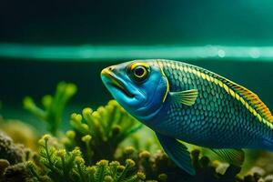 un' pesce con blu e giallo occhi è nuoto nel il acqua. ai-generato foto