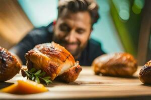 un' uomo è guardare a alcuni pollo su un' taglio tavola. ai-generato foto